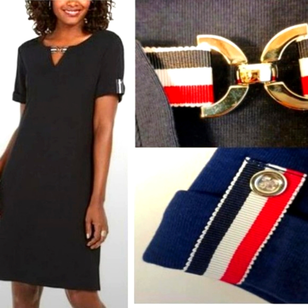 Karen Scott NAVY BLUE T shirt Dress Sz S RED WHITE BLUE Keyhole Emblem Short